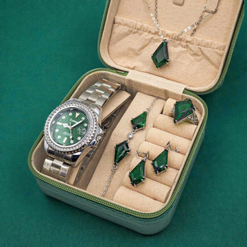 Emerald Royale Set. Watch + Bracelet + Ring + Pendant + Earring